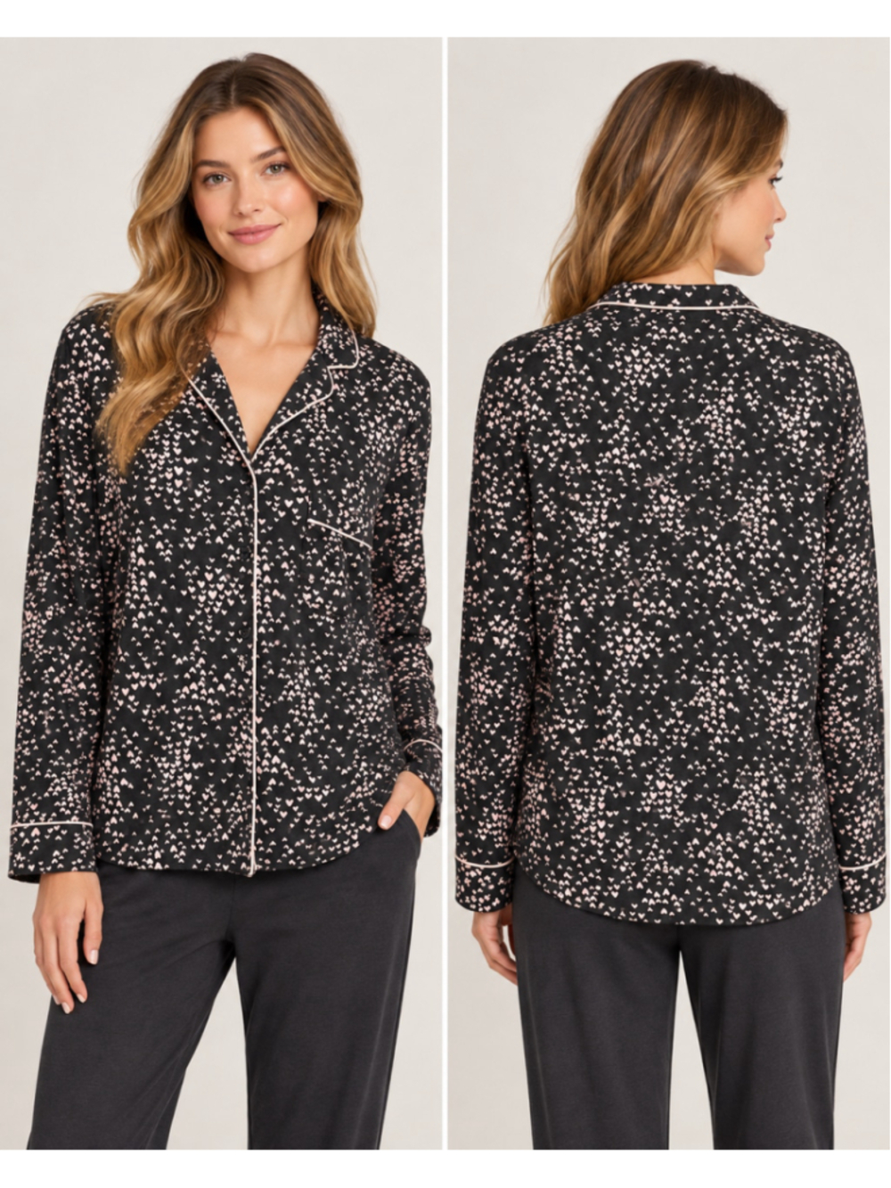Victoria's Secret Pajama Top XS Black White Heart Print